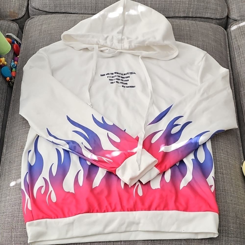 White Hoodie with Pink and Purple Flame Design